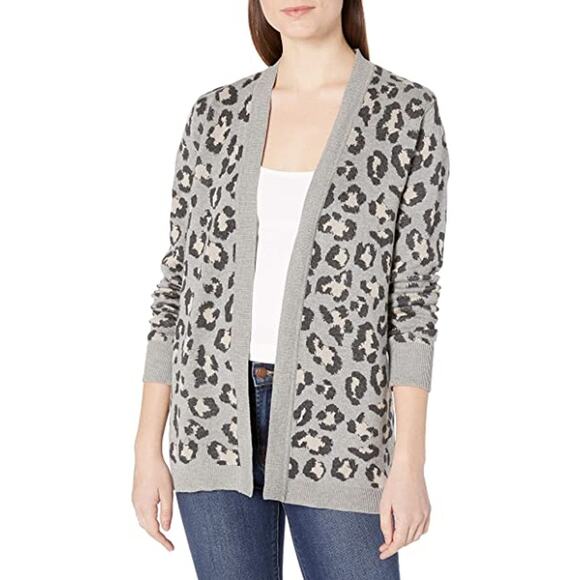 New Calvin Klein Large Open Front Cardigan Sweater Leopard Animal Print Gray L - Picture 2 of 7
